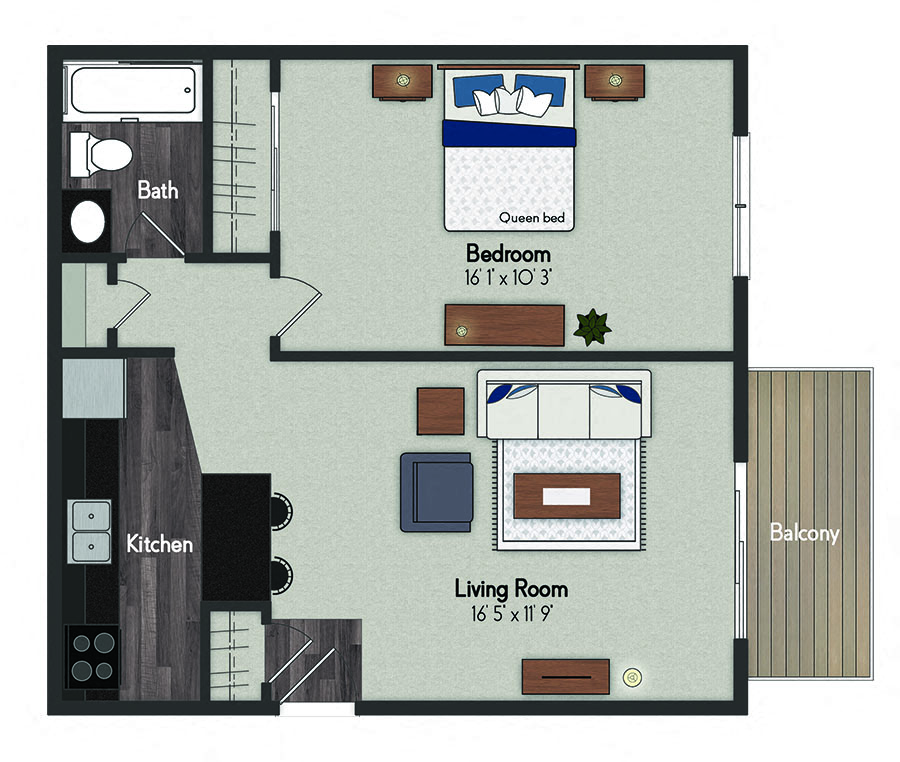 Floor plan for 1 bed, 1 bath, 610 sqft